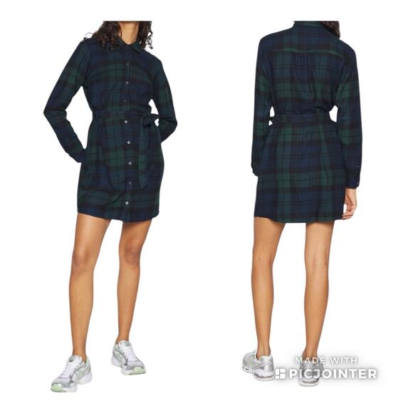 Abercrombie & Fitch Belted Plaid Flannel Shirt Dress Blue Green Size ST - Picture 1 of 9